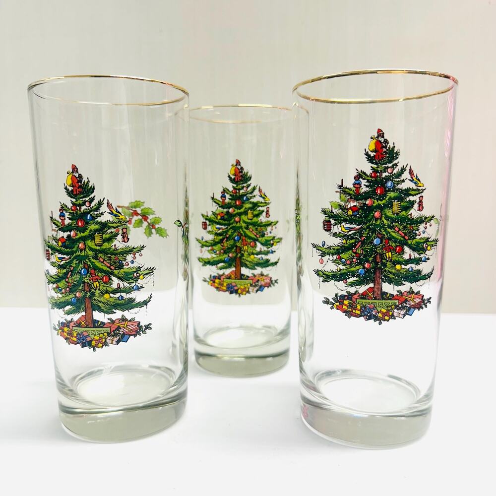 Trio Vintage Spode Christmas Tree Drinking Glasses Drinkware Barware Glassware